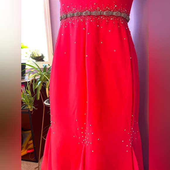 Bright pink cowl neck sleeveless evening gown with rhinestones - Picture 9 of 9
